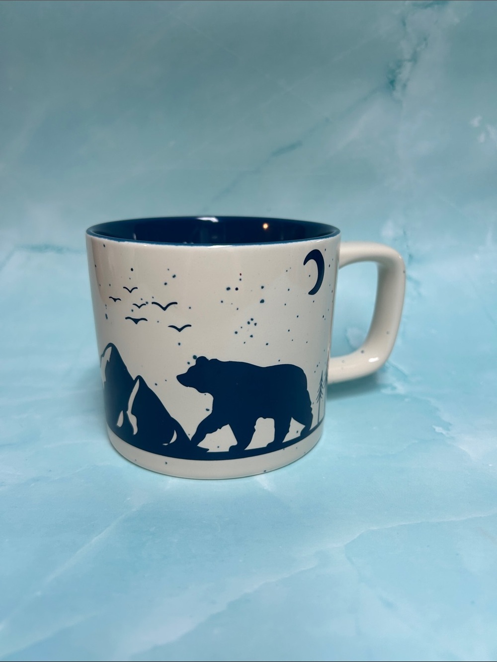 Tim Hortons Bear Ceramic Coffee Mug 2019 Nature Moon Trees Mountains Blue Ivory